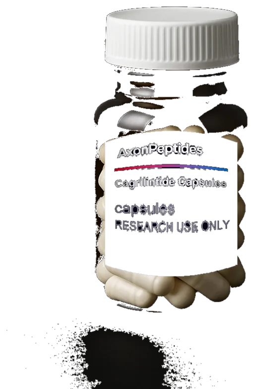 Capsule bottle with a printed label reading Cagrilintide Capsules, studio photograph on a dark background