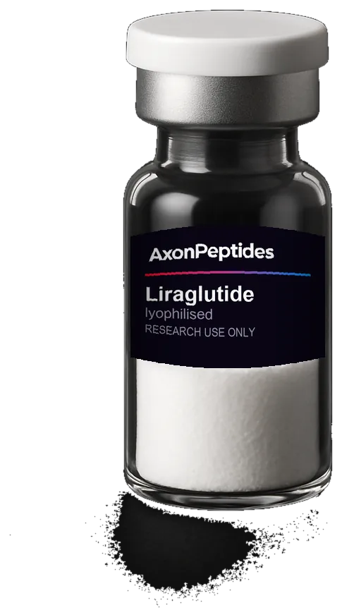 Laboratory vial with a printed label reading Liraglutide, studio photograph on a dark background