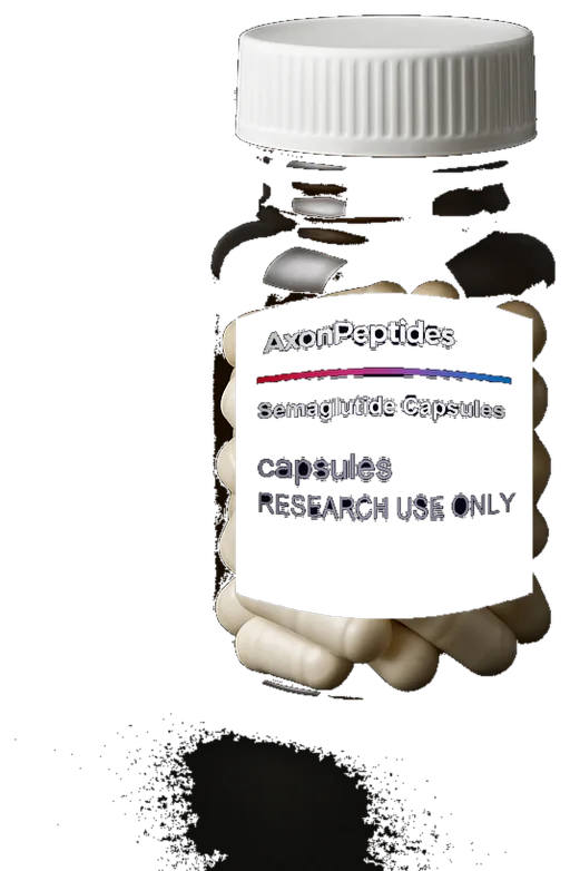 Capsule bottle with a printed label reading Semaglutide Capsules, studio photograph on a dark background