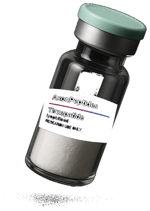 Laboratory vial with a printed label reading Tirzepatide, studio photograph on a dark background