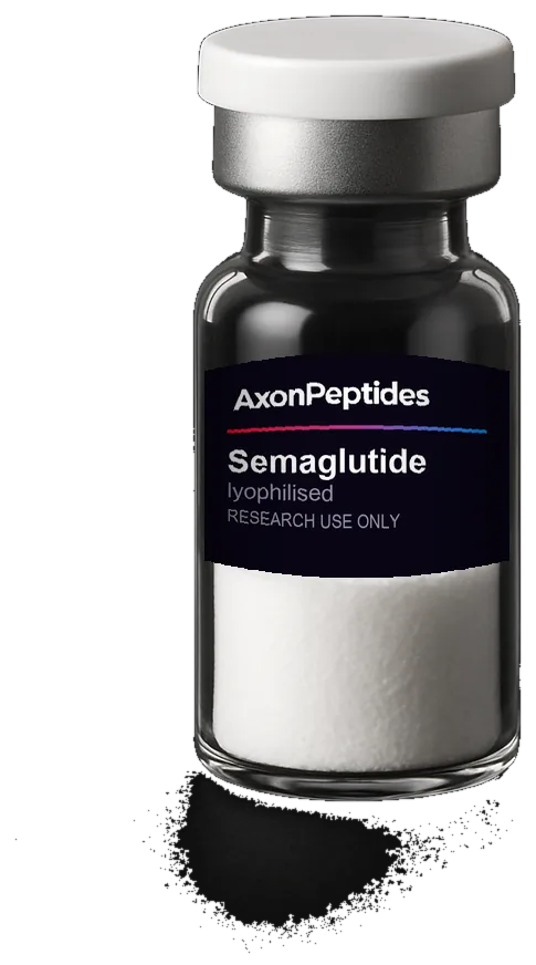 Laboratory vial with a printed label reading Semaglutide, studio photograph on a dark background